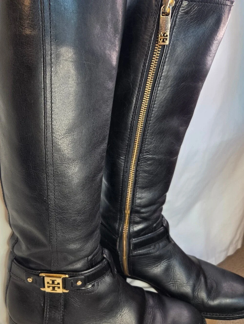 Tory Burch Alessandra Black Leather Tall Riding Boot Gold Hardware Sz 8M Classic